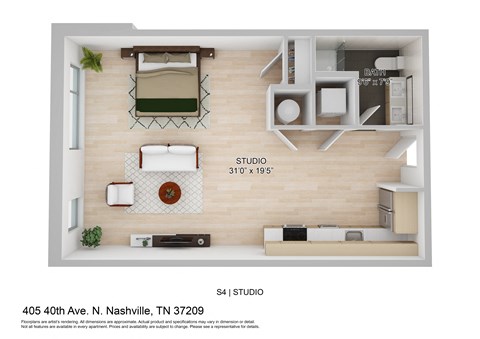a stylized floor plan of a studio apartment